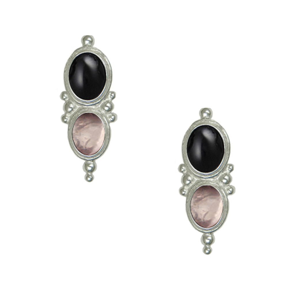 Sterling Silver Drop Dangle Earrings With Black Onyx And Rose Quartz